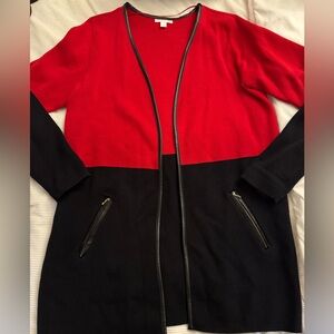 Red and Black Long Cardigan with Zipper Pockets